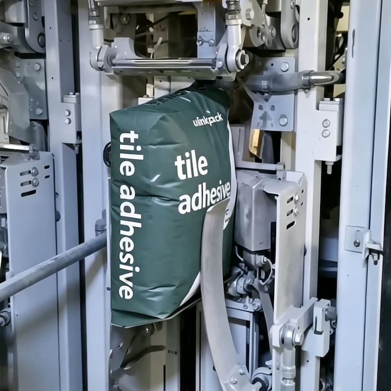 PP valve bag being filled with tile adhesive powder